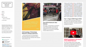 the blog page of a website showing four posts, each with an image. The first has a yellow cover, and is the Palgrave Handbook of the Anthropology of Technology, the second shows people queuing, the third is a screenshot of chinese characters, and the fourth is a still of a youtube video showing a red play button in the middle.