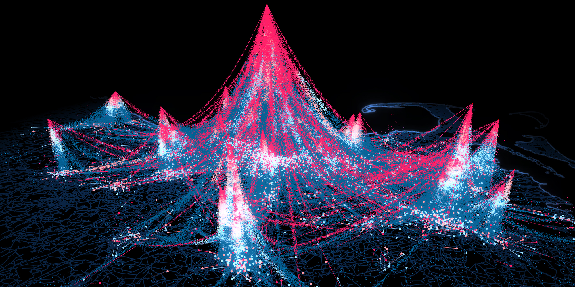 Røde og blå bjergformationer af data på tredimensionelt kort